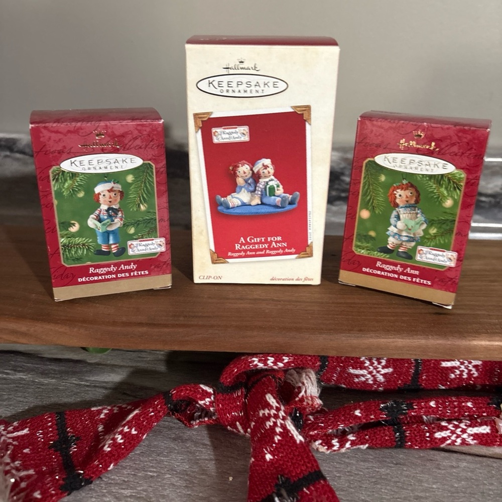 Hallmark Raggedy Ann and Andy lot of 3 Collectors Christmas Ornaments Red & Blue